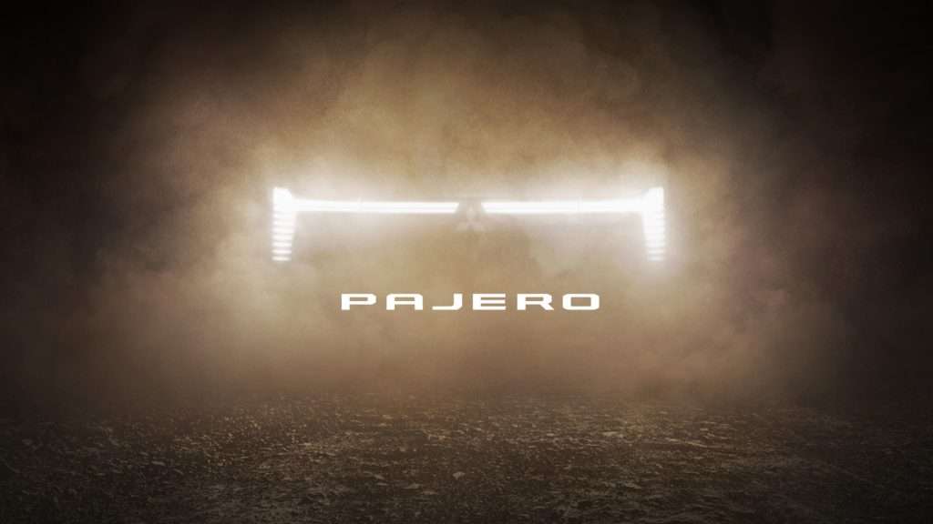 Teaser image showing the headlight graphic for the new Mitsubishi Pajero